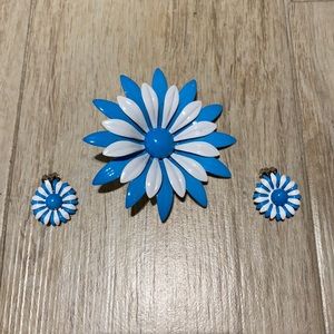 Blue and White Flower Pin and Clip on Earring Set
